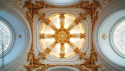 Luxury ceiling intricate gold ornament, white plaster details. Symmetrical architectural design with round windows, central light source. Grand interior decor creates elegant classic style, showing