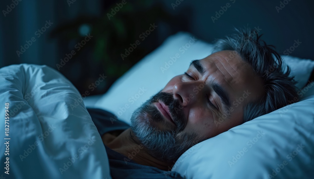 Fototapeta premium Close photo of middle aged man sleeping. Face in peaceful slumber on soft pillow. Tranquil scene shows deep sleep during night. Healthy rest with comfortable bedding at home.