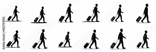 Vászonkép Vector silhouette set of male travelers and businessmen walking, pulling wheeled luggage and suitcases, symbolizing airport transit, travel, and business trips