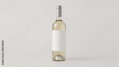 Empty wine bottle with blank white label on plain neutral background.