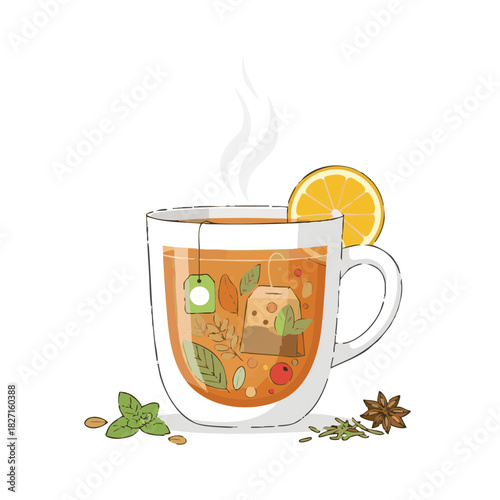 Herbal tea in mug with lemon and tea bag surrounded by herbs  