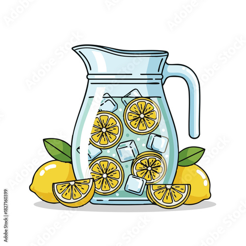 Lemon water pitcher with ice and fresh lemon slices, concept of Dry January challenge  