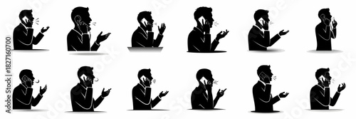 Business communication silhouettes: Set of twelve black vector illustrations showing men speaking and gesturing on mobile and fixed-line phones.