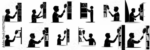 Black silhouettes of men cleaning bookshelves with a feather duster, representing cleaning service, domestic chores, and library maintenance.