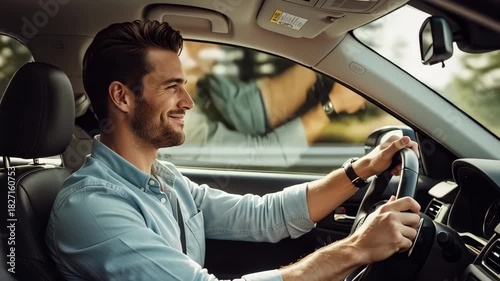 Handsome man confidently drives a car, looking focused on the road ahead. Stylish transportation and modern lifestyle footage