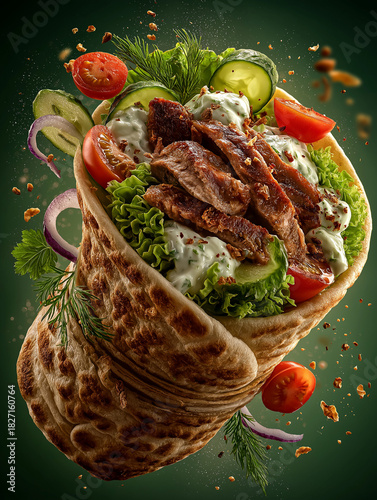 Delicious Shawarma Wrap with Fresh Vegetables and Herbs