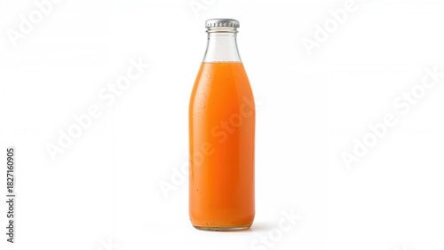 A glass bottle filled with orange beverage isolated on a white background.