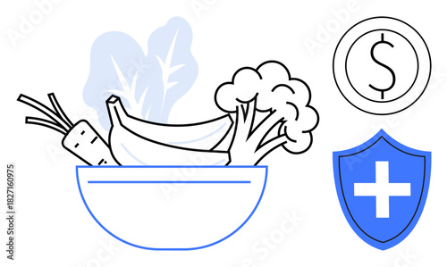 Bowl with fruits, vegetables, dollar sign, and health shield. Ideal for diet, nutrition, budgeting, wellness health care preventive health and fitness. Minimal flat metaphor