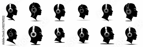 Silhouettes of people heads in profile wearing wireless headphones, collection of various monochrome music listening avatars and user icons.