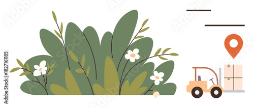 Green leafy plant with white flowers beside forklift carrying cargo box and location pin. Ideal for sustainability, logistics, delivery, eco-business, transport, efficiency, nature-business balance