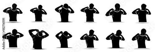 Vector silhouettes of a man putting on or taking off a T-shirt, illustrating the process and stages of dressing and undressing.