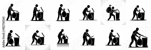 Vector silhouette set of a person throwing a trash bag into a rolling garbage bin, illustrating waste disposal, cleaning, and maintenance tasks.