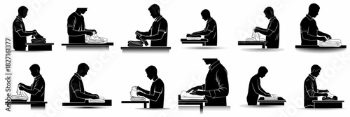 Collection of black silhouettes illustrating a man folding laundry or clothes, depicting various stages of the cleaning and organizing chore.