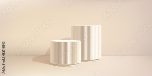 Beige product podium, shadow bg. Marble 3d pillar in light limbo. Soft spotlight gobo on white ramadan platform. Elegant fluted premium display studio. Two level cream cosmetic poduim, abstract stage