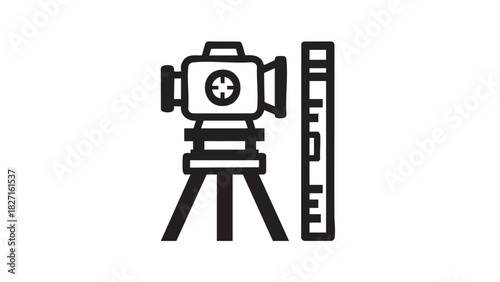 Surveying equipment with tripod and measuring rod, illustrating precise measurements and land surveying