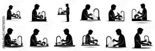 Black silhouettes of a man performing household chores, washing dirty dishes under running water in a kitchen sink, illustrating daily domestic tasks and hygiene.
