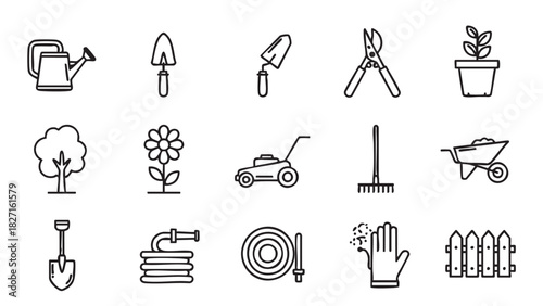Gardening Tools and Elements Icon Set Featuring Watering Can, Trowel, Pruning Shears, and More for Design