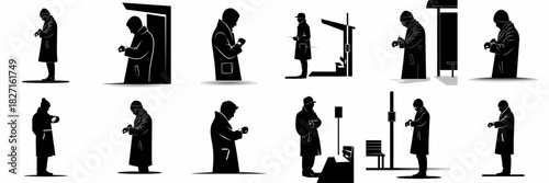 Twelve silhouettes of people in trench coats checking their wristwatches, illustrating concepts of waiting, time management, and punctuality at public transport stops or entrances.