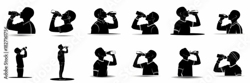 Collection of male silhouettes drinking water from bottles, illustrating hydration, refreshment, and sports activity for health and fitness concepts.