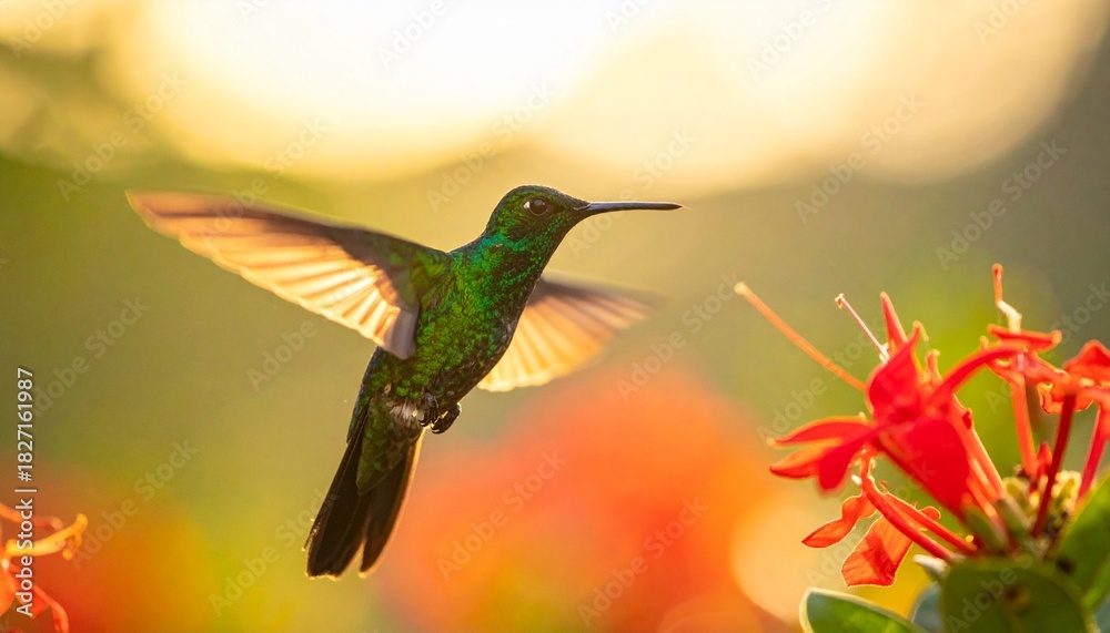 Fototapeta premium Emerald hummingbird visits red blossoms at sunrise