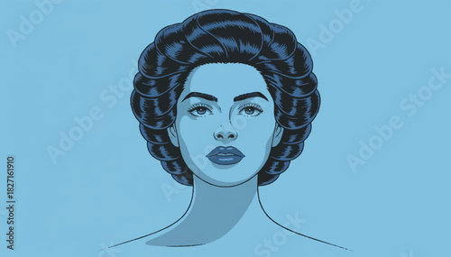 Illustration of a poster in the style of the 40s of a woman's face with an interesting hairstyle on a blue background. Vector graphics. EPS.