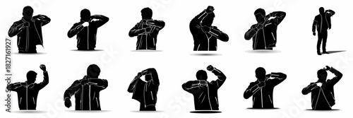 Vector silhouettes collection of a man zipping, unzipping, putting on, and taking off a jacket, depicting various dressing and undressing actions.