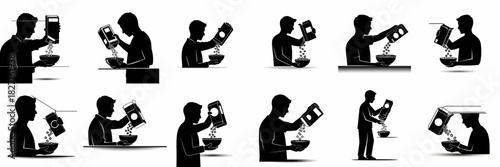 Vector silhouettes of a man preparing breakfast, pouring ring-shaped cereal from a cardboard box into a bowl, illustrating a common morning routine.