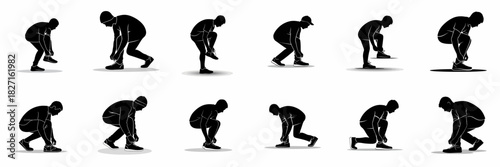 Set of black silhouettes showing a person tying up shoelaces on running or sports shoes, demonstrating various preparation poses.
