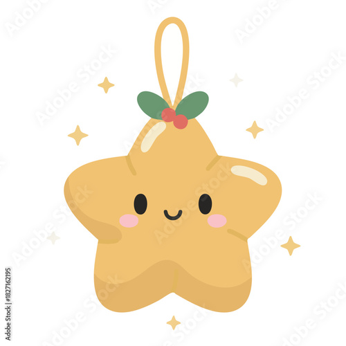 Smiling cute golden star Christmas ornament with holly leaves and berries