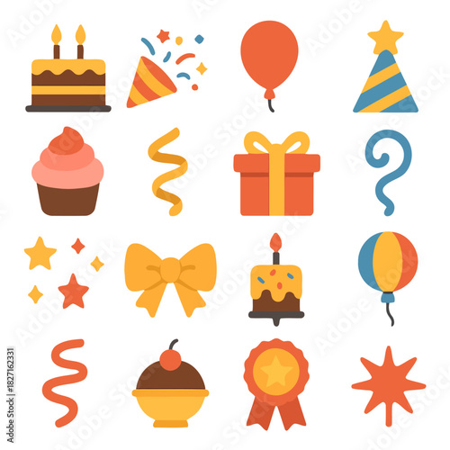 Celebration Essentials: An array of colorful icons, including a cake, party hats, balloons, presents, and confetti, embodies the essence of a lively, festive celebration.