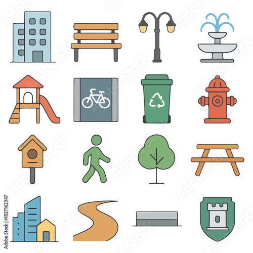 Park Icons Collection: A colorful array of illustrations depicts essential elements found in a public park, inviting users to visualize outdoor recreation and leisure