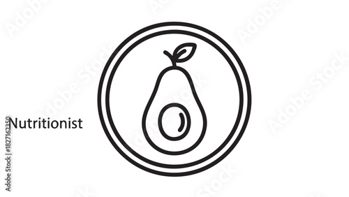 Avocado icon in a circle, representing a nutritionist and healthy eating concepts. Simple line art logo for diet, wellness, and organic food