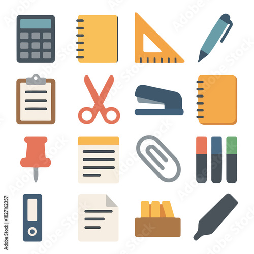 Stationery Elements: A collection of various stationery items like notepad, pens, scissors, and other essential office supplies, perfect for projects or any study activities.