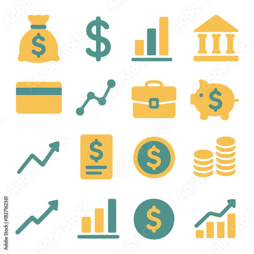 Financial Icons Collection: A collection of financial icons, symbolizing various aspects of finance and economics, suitable for business and investment concepts. 