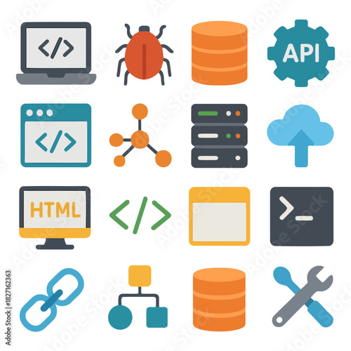 Coding and IT Icons: A comprehensive array of vibrant icons representing the core elements of the digital age, illustrating web development, programming, data, and technology. 