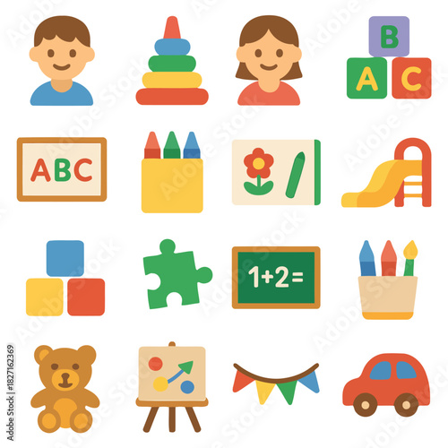 Playtime Essentials: A vibrant array of childhood icons, from building blocks to a friendly teddy bear. capturing the essence of childhood.