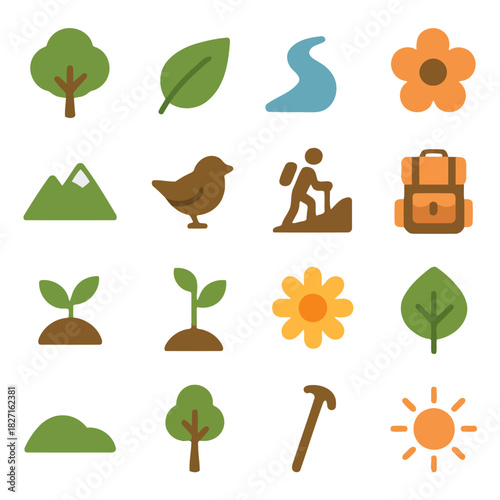 Nature Icons: A collection of various icons representing natural elements, perfect for illustrating themes of the outdoors and eco-friendly concepts.