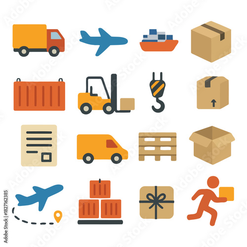 Logistics Icons: A collection of various icons representing diverse aspects of the logistics industry, showcasing transport vehicles, and cargo handling equipment. 