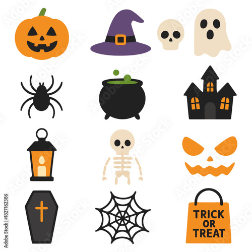 Spooky Halloween Elements: A collection of festive icons, encompassing the spirit of Halloween: a grinning pumpkin, a witch's hat, skull, friendly ghost, spider, bubbling cauldron, haunted house.