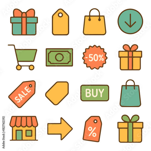 Ecommerce Essentials: An array of shopping symbols, featuring gift boxes, price tags, shopping bags, and directional arrows, designed to represent essential elements of online shopping.