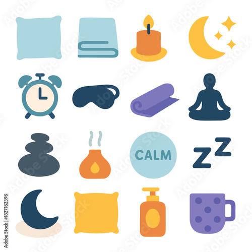 Serene Sanctuary Symbols: A collection of charming icons related to the creation of a soothing, restful environment, fostering a sense of peace and relaxation.