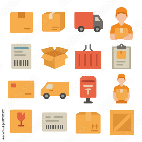 Delivery and Shipping Icon Set: A collection of vibrant and easily recognizable icons, depicting the essence of package delivery and shipping services.