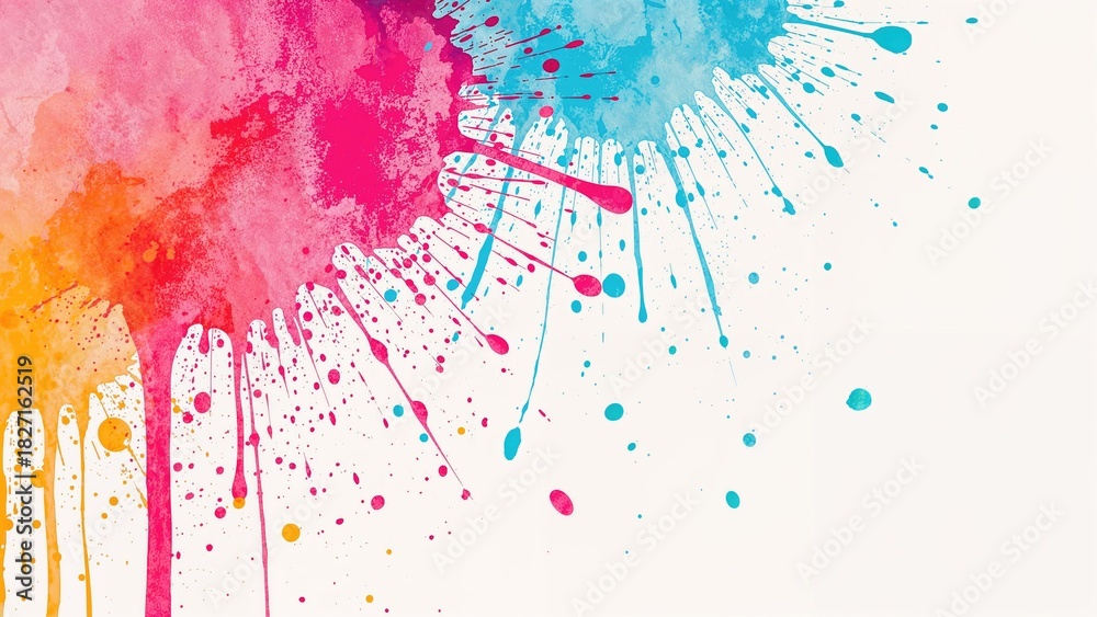 Fototapeta premium Colorful paint splashes with vibrant pink, orange, blue, and yellow hues on a white background. Artistic, abstract, and expressive design.