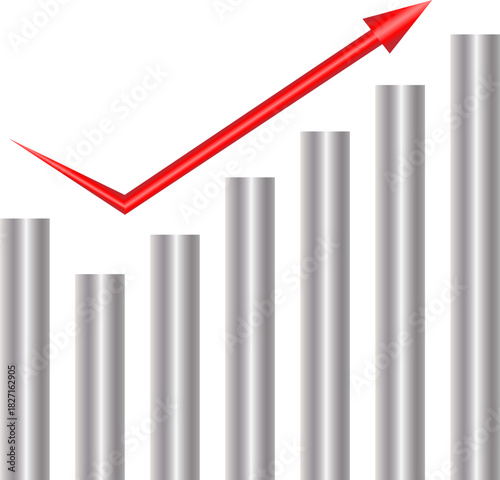Festive vector growth graphic featuring a glossy bar chart, a red arrow. It symbolizes development, dynamics, success, ranking, and rising performance in business and economics.