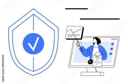 Data security concept. Data security illustrated with a shield and verified checkmark, online safety. Data security in virtual work, e-learning, and digital platforms. For cybersecurity, online