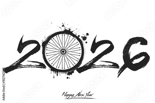 Numbers 2026 and a abstract bike wheel made of blots in grunge style. Design text logo Happy New Year 2026. Template for greeting card, banner, poster. Vector illustration on isolated background