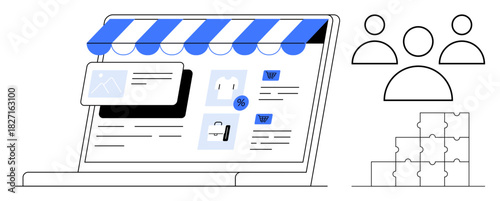 E-commerce concept. E-commerce on a laptop integrates user interaction and visual elements thumbs up product displays, discounts, and functional components. E-commerce supports online shopping, web