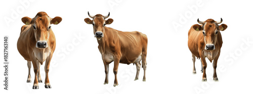 Jersey cow isolated on white background, light brown dairy cattle portrait, farm livestock animal standing, purebred Jersey breed cutout, high-quality dairy cow image for agriculture use