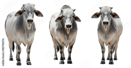 Brahman cow isolated on white background, grey humped beef cattle portrait, tropical livestock standing, purebred Brahman breed cutout, high-quality agricultural and ranch cow image