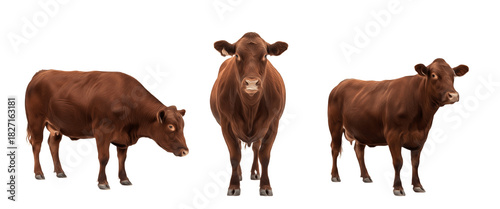Red Poll cow isolated on white background, solid red dairy cattle portrait, farm livestock animal standing, purebred Red Poll breed cutout, high-quality cow image for agriculture and dairy use